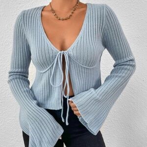SHEIN Sky Blue Self Tie Cottagecore Y2K Cardigan With Flared Sleeves Size Medium